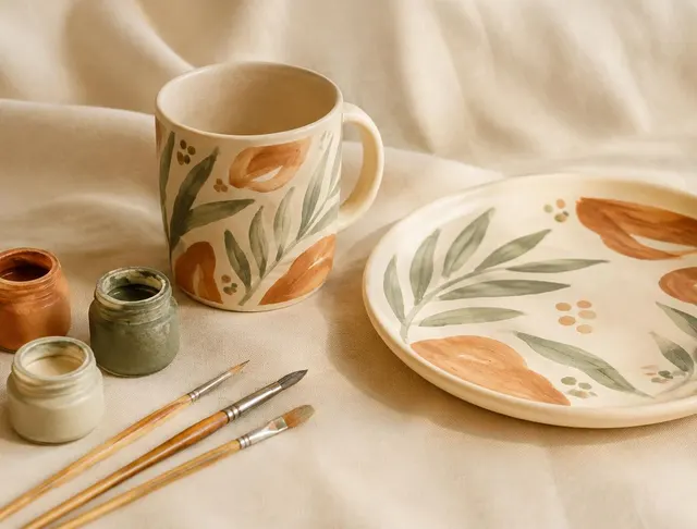 Symbolbild: bemalte Tasse und Teller mit Pinseln und Keramikfarben
