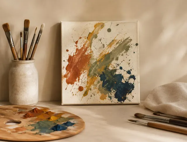 Symbolbild: Leinwand mit Farbspritzern, Pinsel und Palette