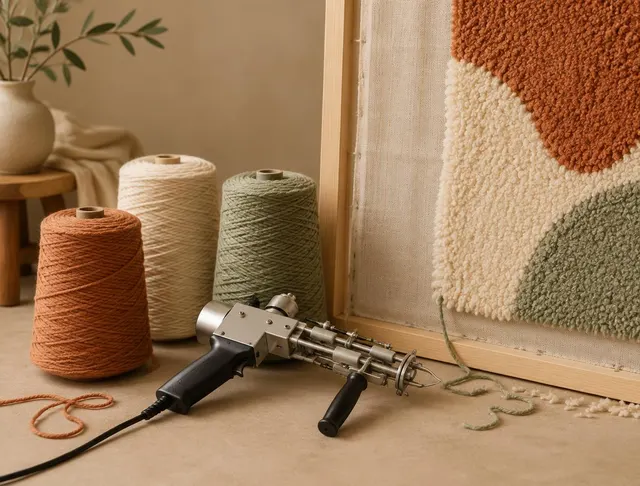 Symbolbild: Tufting-Gun mit Garnrollen und Teppich im Rahmen